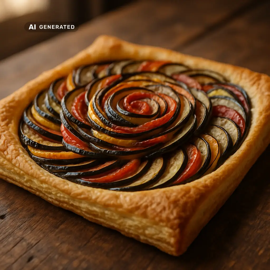 Vegane Ratatouille-Tarte mit Blätterteig, Gemüse spiralförmig angeordnet