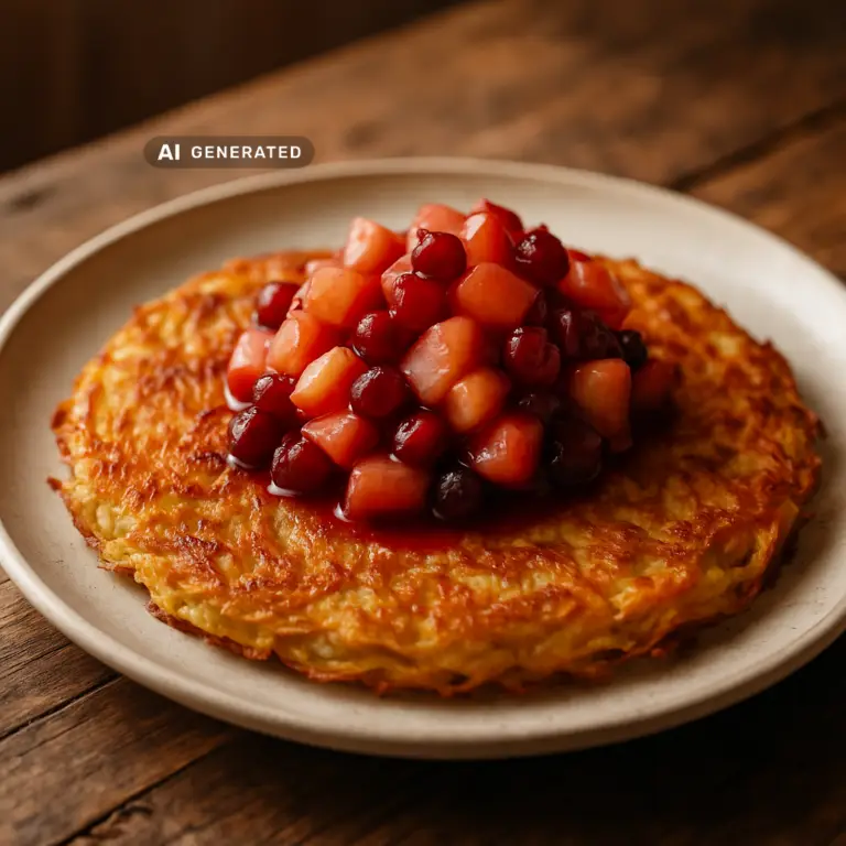 Vegane Rösti mit Apfel-Preiselbeer-Kompott, knusprig gebraten und mit fruchtigem Kompott angerichtet