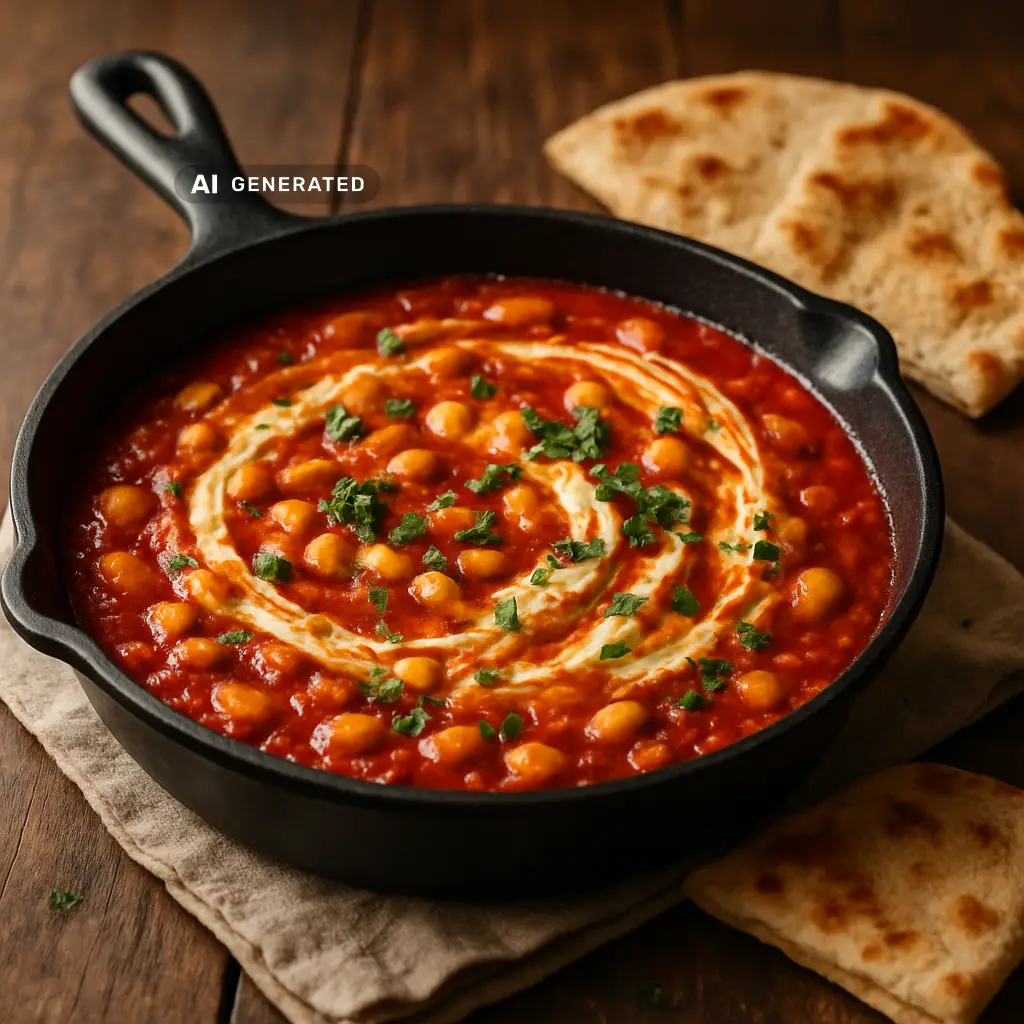 Vegane Shakshuka mit weißen Bohnen – appetitlich angerichtet, KI-generiertes Bild