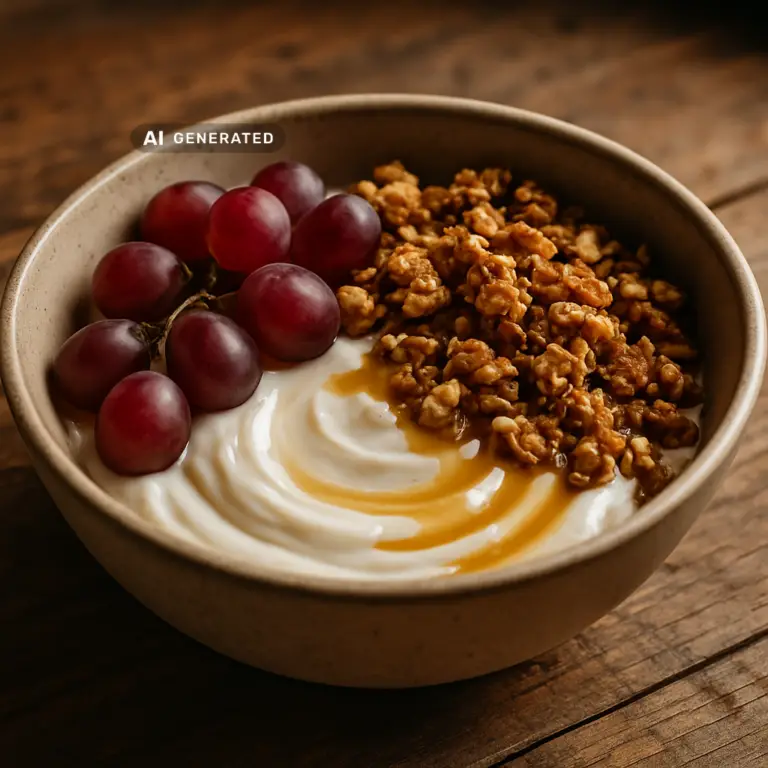 vegane Trauben-Joghurt-Bowl mit Walnuss-Granola und frischen Weintrauben
