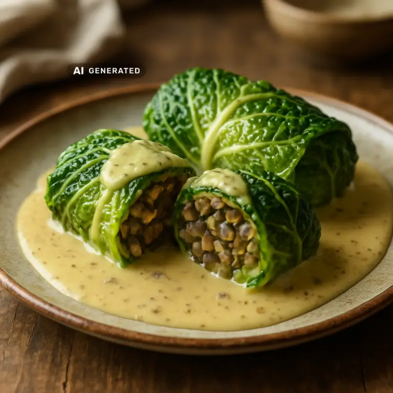 Vegane Wirsing-Rouladen mit Pilz-Linsen-Füllung – appetitlich angerichtet, KI-generiertes Bild