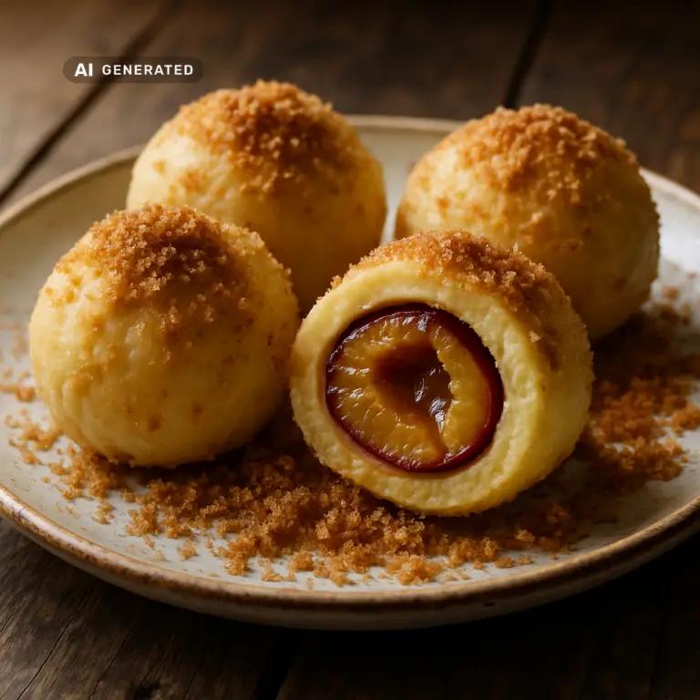 Vegane Zwetschgenknödel mit Zimt-Butterbröseln, aufgeschnitten mit sichtbarer Pflaume