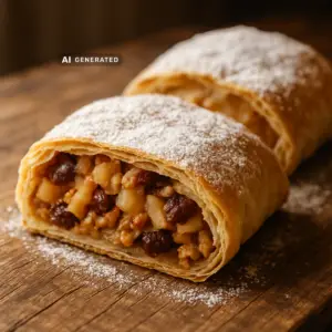 Veganer Apfelstrudel mit Zimt-Apfel-Füllung, Rosinen und Walnüssen, aufgeschnitten auf einem Holztisch mit Puderzucker bestäubt