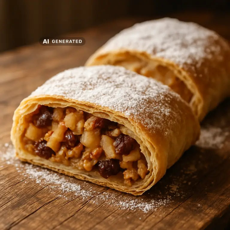 Veganer Apfelstrudel mit Zimt-Apfel-Füllung, Rosinen und Walnüssen, aufgeschnitten auf einem Holztisch mit Puderzucker bestäubt