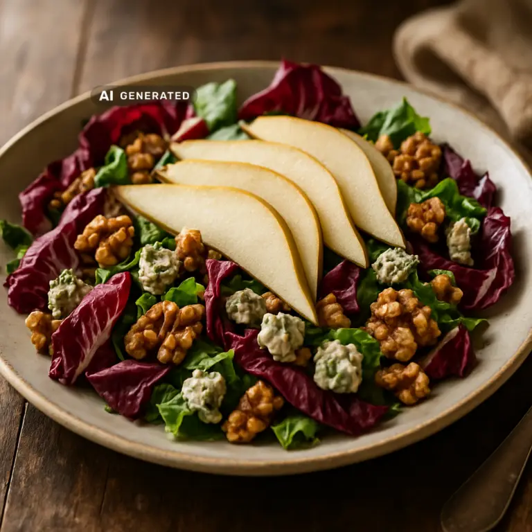 Veganer Birnen-Walnuss-Salat mit Radicchio und Cashew-Blauschimmelkäse in einer Schüssel angerichtet
