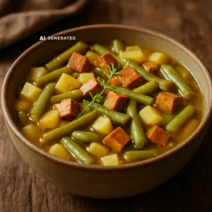 Veganer Bohneneintopf mit grünen Bohnen, Kartoffeln, Bohnenkraut und Räuchertofu in einer rustikalen Schüssel