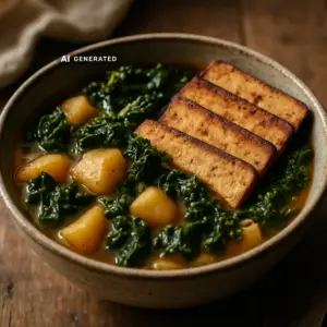 Veganer Grünkohl-Eintopf mit Kartoffeln und würzigen Rauchtofu-Kasseler-Streifen in einer rustikalen Schüssel