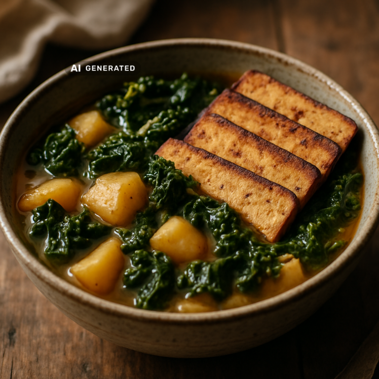 Veganer Grünkohl-Eintopf mit Kartoffeln und würzigen Rauchtofu-Kasseler-Streifen in einer rustikalen Schüssel