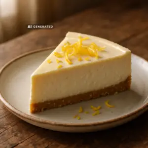 Ein Stück cremiger veganer Käsekuchen mit Zitrone auf einem Teller, garniert mit Zitronenabrieb