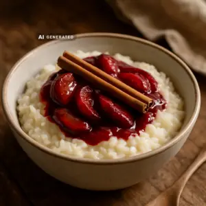 Veganer Milchreis mit warmem Zwetschgenkompott und Zimt in einer Schale