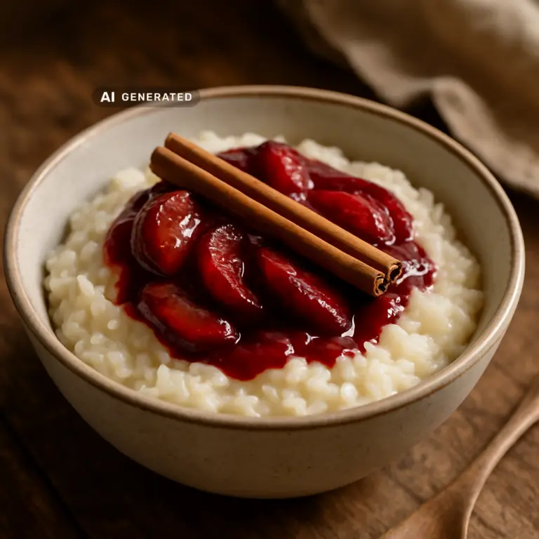 Veganer Milchreis mit warmem Zwetschgenkompott und Zimt in einer Schale