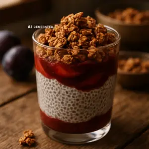 Veganer Pflaumen-Chia-Pudding im Glas geschichtet mit Pflaumenkompott und knusprigem Zimt-Hafer-Crunch