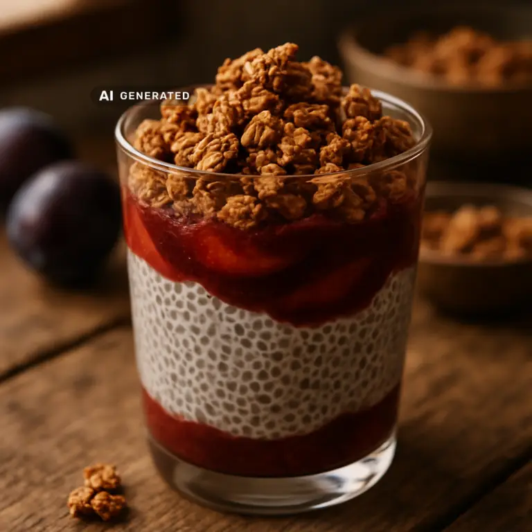 Veganer Pflaumen-Chia-Pudding im Glas geschichtet mit Pflaumenkompott und knusprigem Zimt-Hafer-Crunch