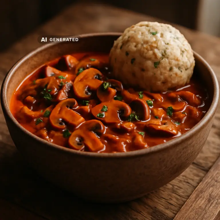 Veganer Pilzgulasch mit Semmelknödel – Vegonaut Rezeptfoto
