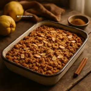Veganer Quitten-Crumble mit Mandel-Zimt-Streuseln – appetitlich angerichtet, KI-generiertes Bild