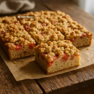 Veganer Rhabarber-Streuselkuchen vom Blech, in Stücke geschnitten, mit knusprigen Streuseln