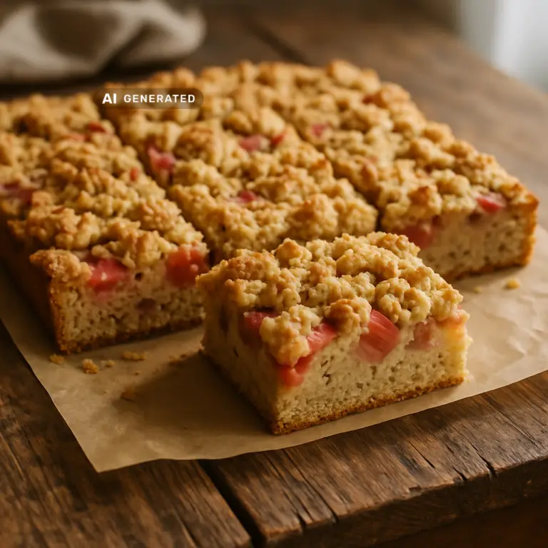 Veganer Rhabarber-Streuselkuchen vom Blech, in Stücke geschnitten, mit knusprigen Streuseln