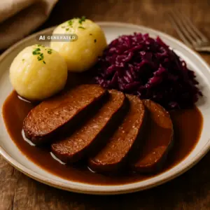 Veganer Sauerbraten aus Seitan mit Rotkohl und Kartoffelklößen auf einem Teller