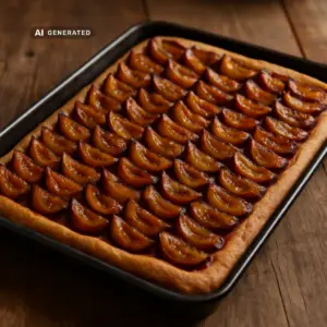 Veganer Zwetschgendatschi mit Zwetschgen auf einem Blech