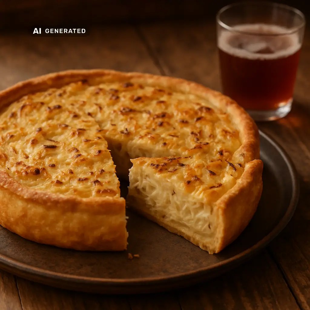 Veganer Zwiebelkuchen mit cremiger Zwiebel-Kümmel-Füllung, ein Stück angeschnitten