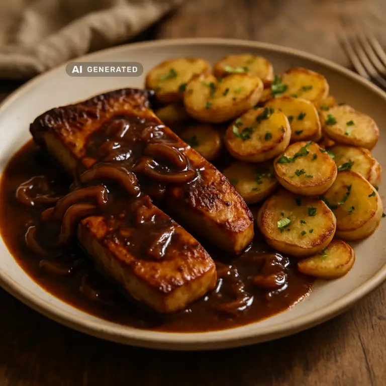 Veganer Zwiebelrostbraten mit Bratkartoffeln aus Kräuterseitlingen und dunkler Röstzwiebel-Sauce