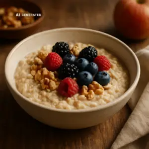 Veganes Bircher Müsli mit Apfel und Nüssen in einer Schüssel, appetitlich angerichtet auf einem rustikalen Holztisch