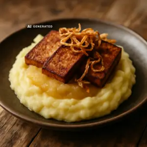 Himmel und Erde vegan mit Kartoffelpüree, Apfelmus und geräuchertem Tofu