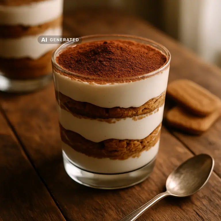 Veganes Joghurt-Tiramisu im Glas geschichtet mit Espresso und Karamell-Keksen