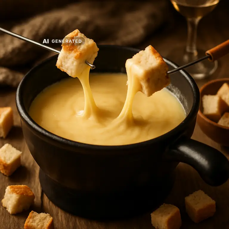 Veganes Käsefondue mit Weißwein, serviert mit knusprigem Brot zum Dippen