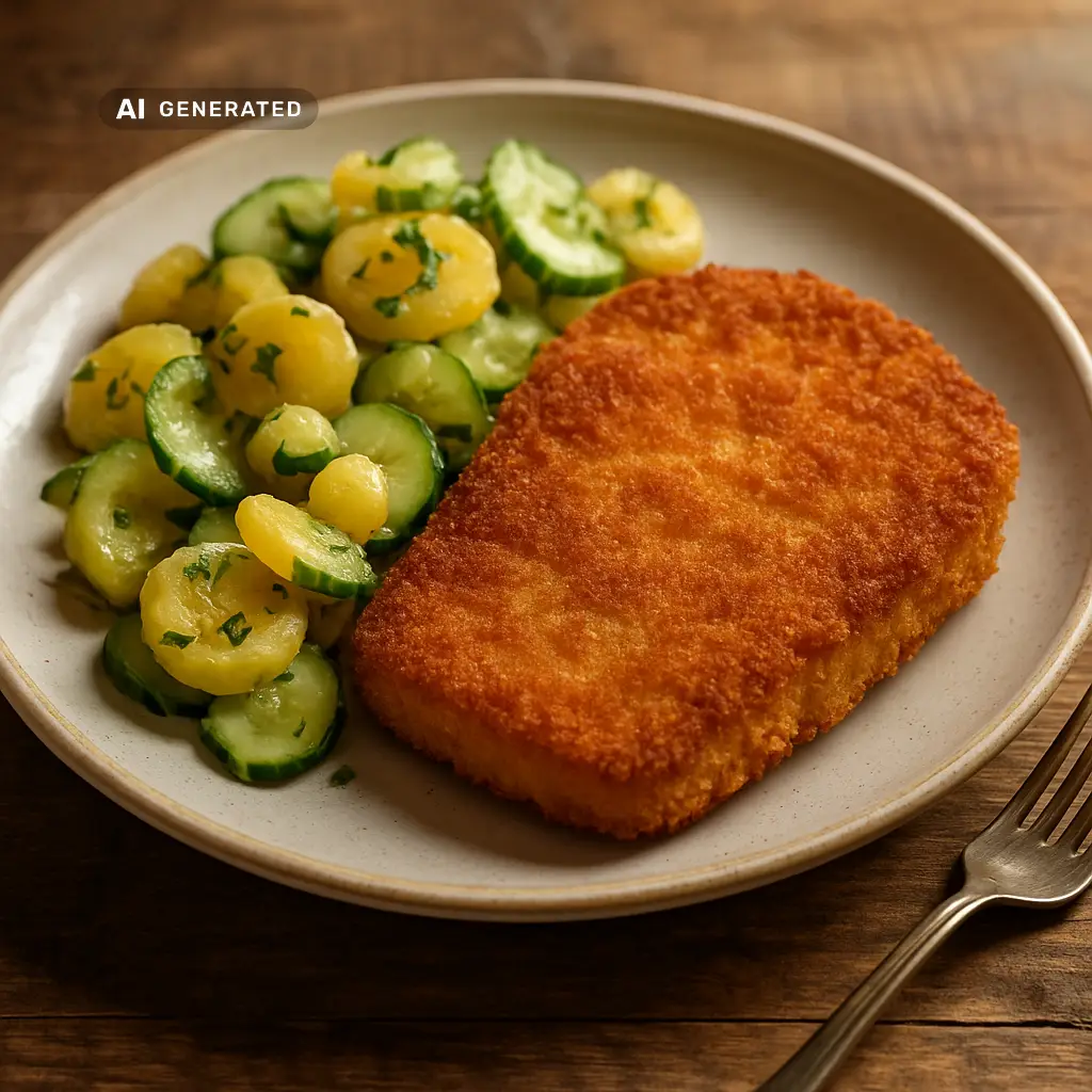 Veganes Schnitzel aus Sellerie mit Kartoffel-Gurkensalat, serviert im Glas auf Holztisch