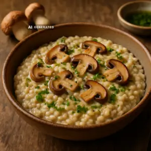 Veganes Steinpilz-Risotto mit Kräuteröl – appetitlich angerichtet, KI-generiertes Bild