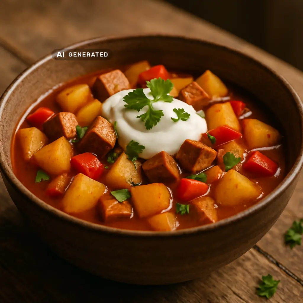 Veganes Wiener Kartoffelgulasch mit Paprika und geräuchertem Tofu in einer Schüssel mit veganem Sauerrahm und Petersilie