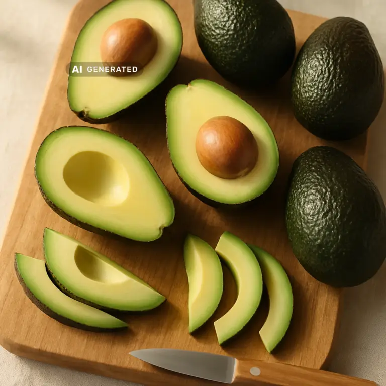 Aufgeschnittene und in Scheiben geschnittene Avocado zeigt, wie man Avocado richtig zubereiten kann