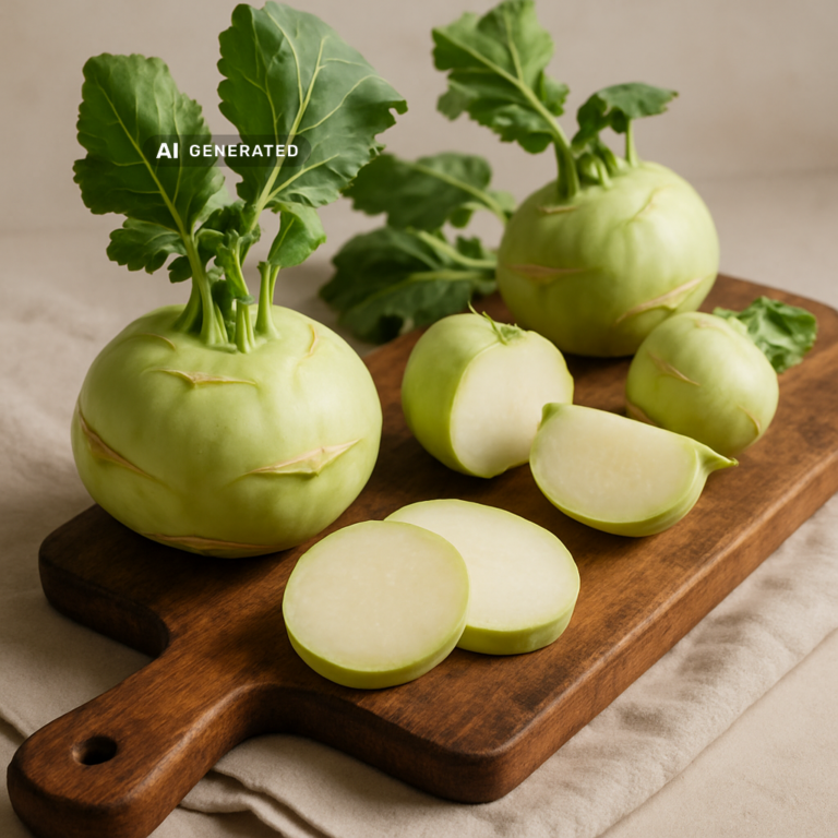 Frischer Kohlrabi mit Blättern und in Scheiben geschnitten auf einem Holzbrett, wichtig, wenn du Kohlrabi richtig zubereiten möchtest