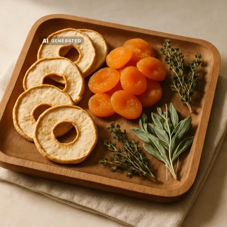 Getrocknetes Obst und Kräuter beim Obst und Gemüse dörren auf einem Holztablett