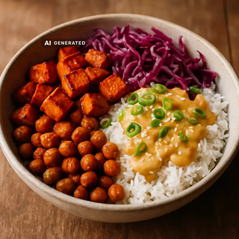 vegane Gochujang-Bowl mit Süßkartoffel, Kichererbsen und Erdnuss-Limetten-Sauce