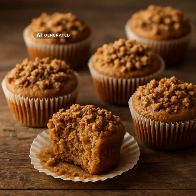 Vegane Apfel-Zimt-Muffins mit Walnuss-Streuseln auf einem Holzbrett, ein Muffin aufgebrochen