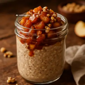 Vegane Apfel-Zimt-Overnight-Oats in einer Schüssel bzw. auf einem Teller, appetitlich angerichtet