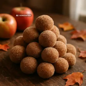 Vegane Apple Cider Donuts mit Zimtzucker, gestapelt auf einem Holztisch mit Äpfeln