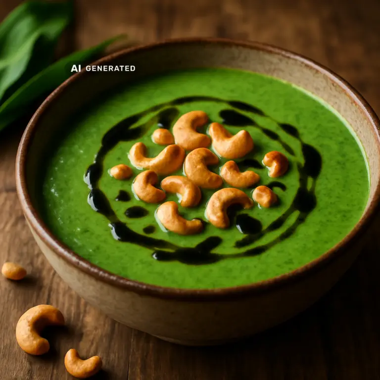 Vegane Bärlauch-Cremesuppe in einer Schüssel bzw. auf einem Teller, appetitlich angerichtet