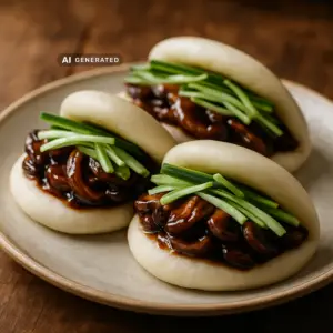 Vegane Bao Buns mit Hoisin-Pilzen, Gurke und Karotte gefüllt