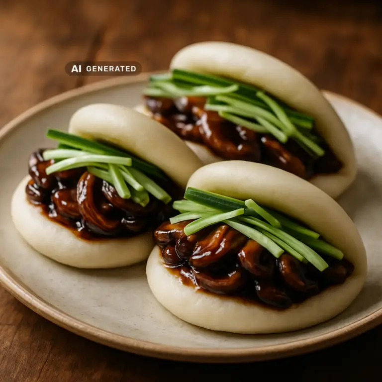 Vegane Bao Buns mit Hoisin-Pilzen, Gurke und Karotte gefüllt