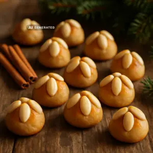 Vegane Bethmännchen mit Mandelhälften auf einem Holztisch, umgeben von Zimtstangen und Tannengrün