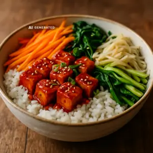 Vegane Bibimbap-Bowl mit Gochujang-Tofu, buntem Gemüse und Reis in einer Schüssel