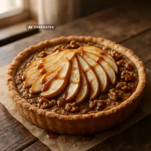 Vegane Birnen-Walnuss-Tarte mit Zimt-Karamell auf einem rustikalen Holztisch