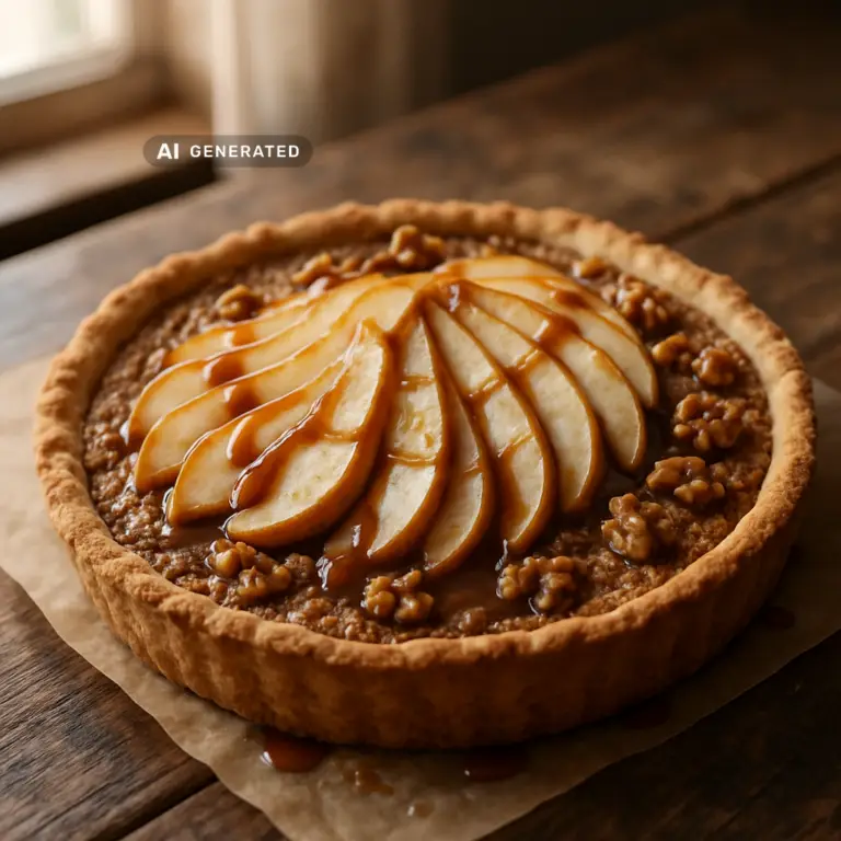 Vegane Birnen-Walnuss-Tarte mit Zimt-Karamell auf einem rustikalen Holztisch