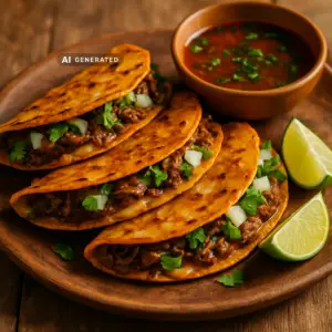 Vegane Birria-Tacos mit Jackfrucht-Kräuterseitling-Füllung, geschmolzenem Käse und Röst-Consommé zum Dippen