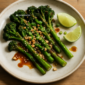 Vegane Broccolini mit glänzendem Miso-Chili-Karamell, Sesam, Erdnüssen und Limette auf einem Teller