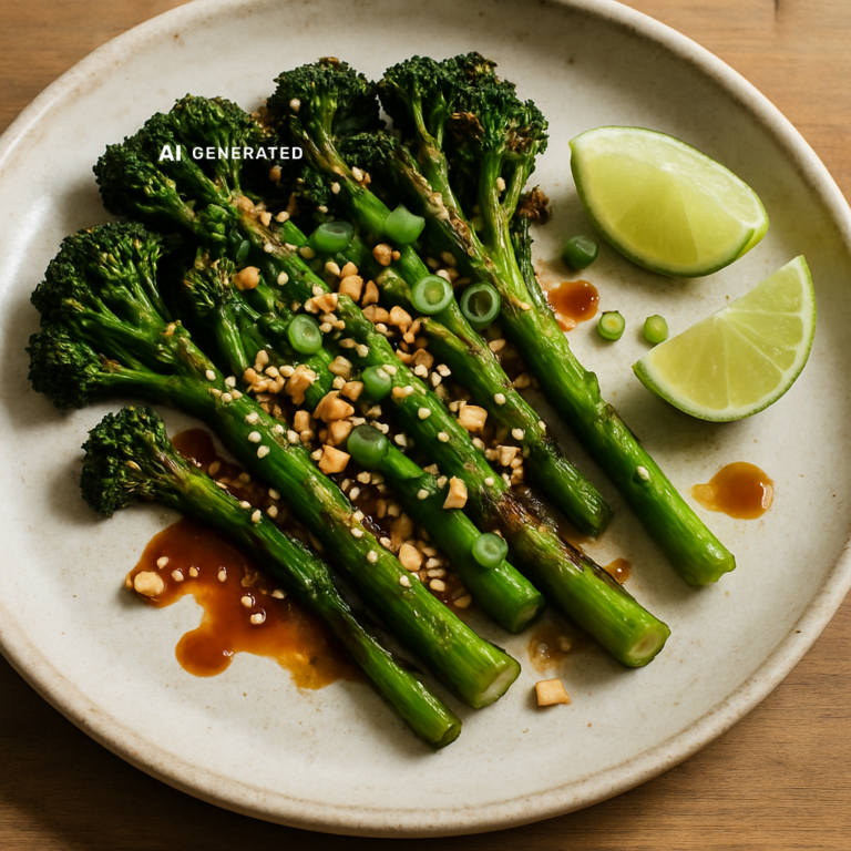 Vegane Broccolini mit glänzendem Miso-Chili-Karamell, Sesam, Erdnüssen und Limette auf einem Teller