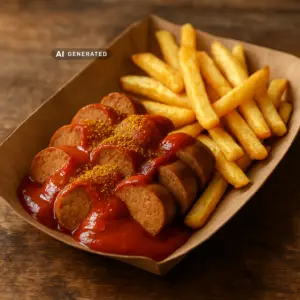 vegane Currywurst mit selbstgemachter Currysauce und knusprigen Pommes